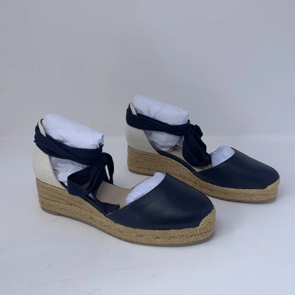 Jack Rogers Sandals Women 7M Midnight Navy Leather Palmer Espadrille Wedge S0655